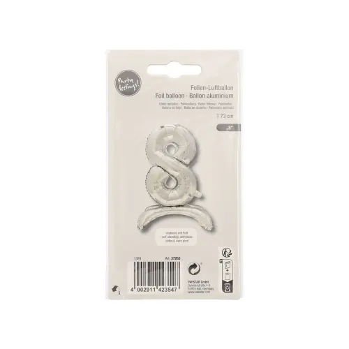 PAPSTAR Folienluftballon 73 cm silber "8" stehend, hochwertiger PET-Zahlenballon mit integriertem Standfuß, selbstschließendem Ventil, wiederbefüllbar und ideal für elegante Partydekoration, Artikelnummer 81523