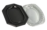 Servierplatte Aluminium mit schwarzem Deckel aus Kunststoff, rechteckig-oval für Partybuffet und Catering, stapelbar, Artikelnummer 512