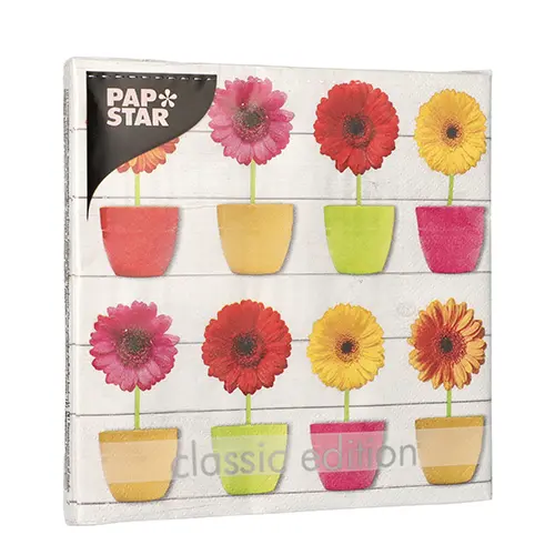 PAPSTAR Servietten, 3-lagig 1/4-Falz 33 x 33 cm Glowing Gerberas mit farbigen Gerbera-Blüten in Töpfen, FSC-zertifiziert, Nordic Eco Label, Artikel 89057