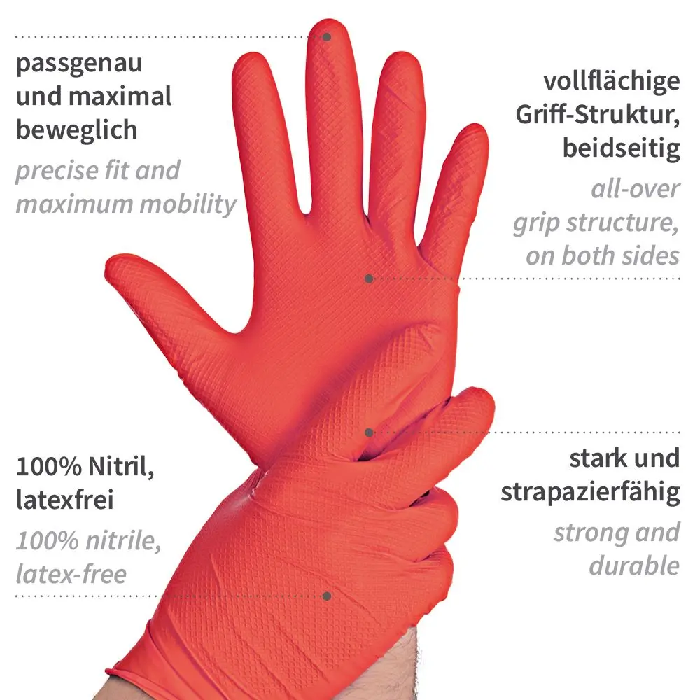 Hygostar Power Grip Nitrilhandschuhe rot puderfrei von Hygostar, 100 % Nitril, latexfrei mit vollflächiger Griff-Struktur für sicheren Halt, VE 500 Stück