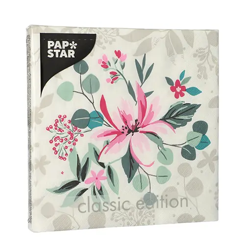 PAPSTAR Servietten, 3-lagig 1/4-Falz 33 cm x 33 cm "Rosalie" in Weiß mit rosa Blumenmotiv, umweltfreundliche Tissue-Servietten, FSC- und Nordic-Eco-zertifiziert