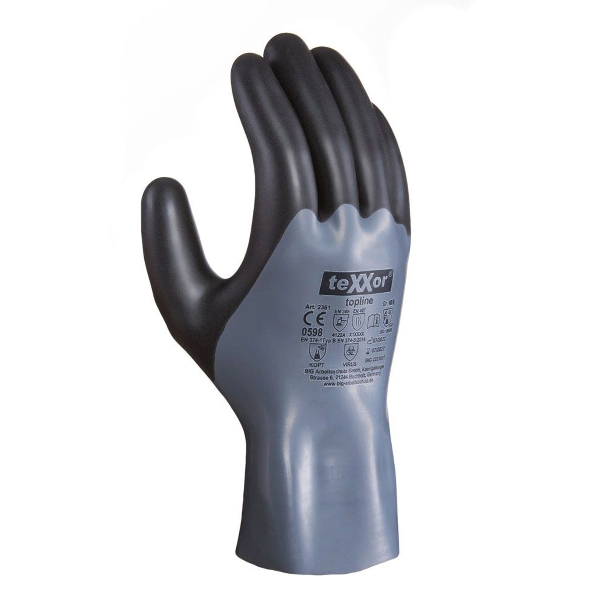 teXXor 2361 Chemikalienschutzhandschuhe mit Nitril-Beschichtung grau/schwarz, VE 120 Paar