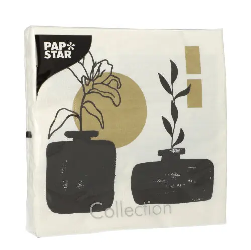 PAPSTAR Servietten, 3-lagig 1/4-Falz 33 x 33 cm gold "Modern Vases" mit schwarzem Vasenmotiv und goldenen Akzenten, FSC-zertifiziert, 89130
