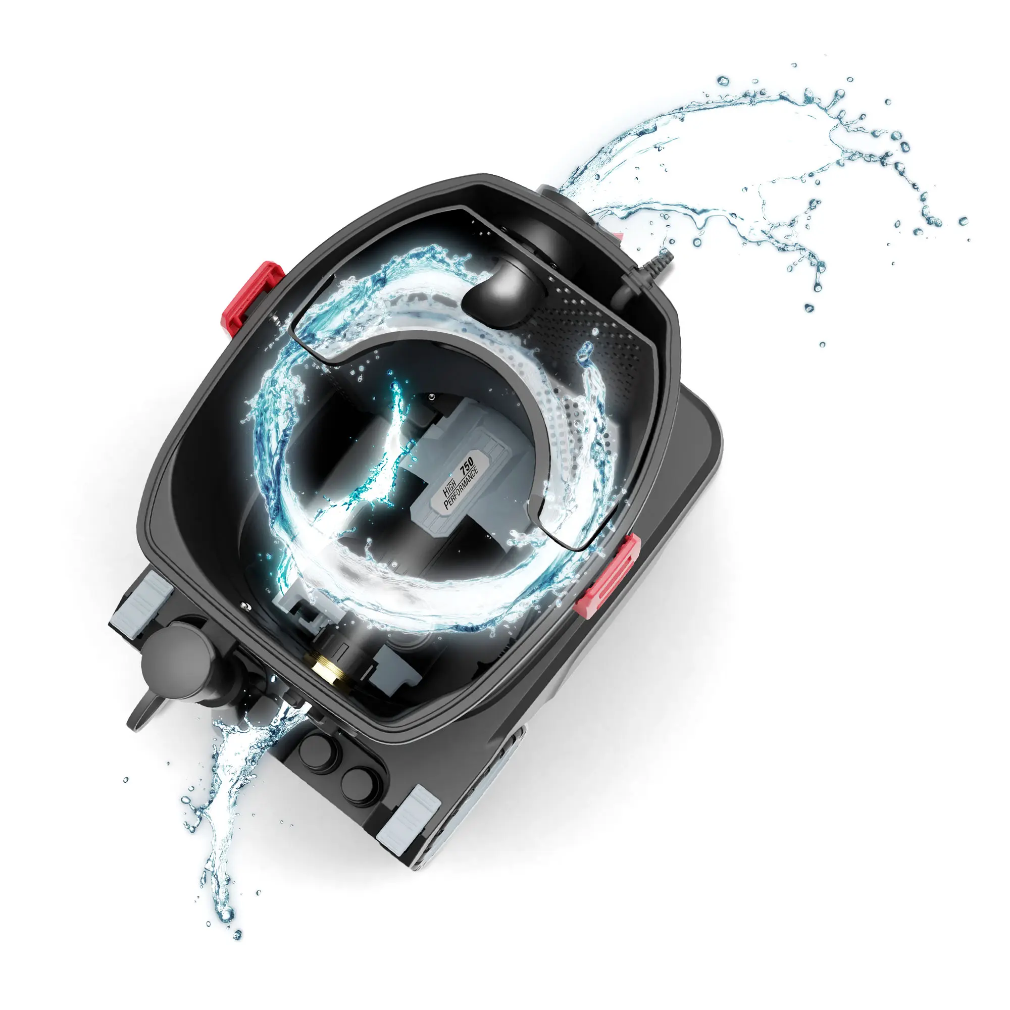Sprintus HydroX Fire Pumpsauger mit integrierter Hochleistungspumpe, Draufsicht auf den Wasserfluss im Behälter für effiziente Wasserförderung bei Hochwasser- und Brandschäden