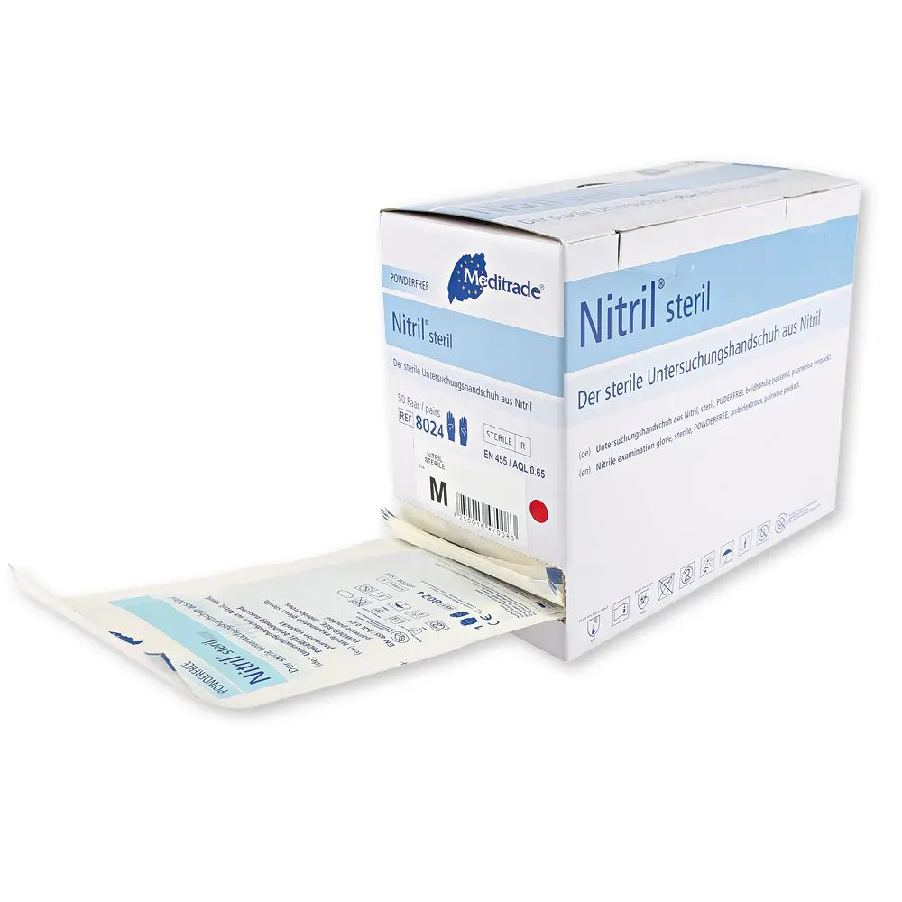 Meditrade Nitril steril Untersuchungshandschuhe blau puderfrei, VE 200 Paar in Spenderbox, sterile Nitrilhandschuhe für medizinische Untersuchungen und Laborarbeiten, REF 8024