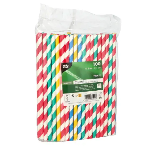 PAPSTAR Shake-Halme, Papier Ø 8 mm, 21 cm farbig sortiert "Stripes", FSC-zertifizierte Papier-Trinkhalme in Rot, Gelb, Blau und Grün für Milchshakes, Limonaden und Erfrischungsgetränke