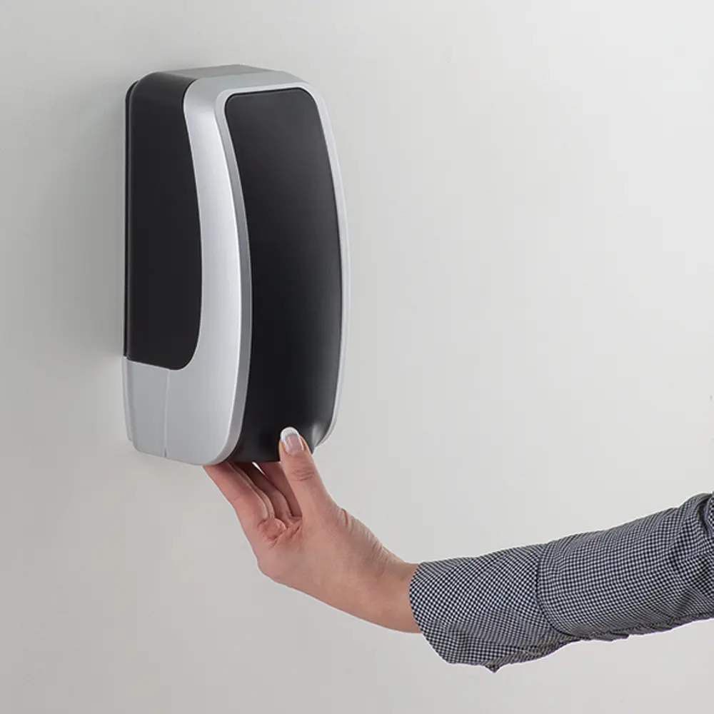 Cosmos Schaumseifenspender 1000ml von JM Metzger in weiß und schwarz, an der Wand montiert und per Hand bedient, Artikelnummer 1000