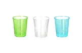 Trinkbecher-Set aus Kunststoff, drei farbige Becher in Grün, Transparent und Blau, stapelbar und wiederverwendbar, Artikelnummer 512