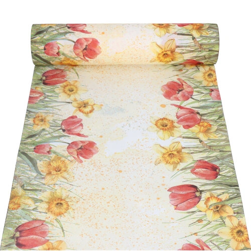 PAPSTAR Tischläufer, stoffähnlich, Airlaid 24 m x 40 cm "Tulips & Daffodils", 6 x 1 Rolle