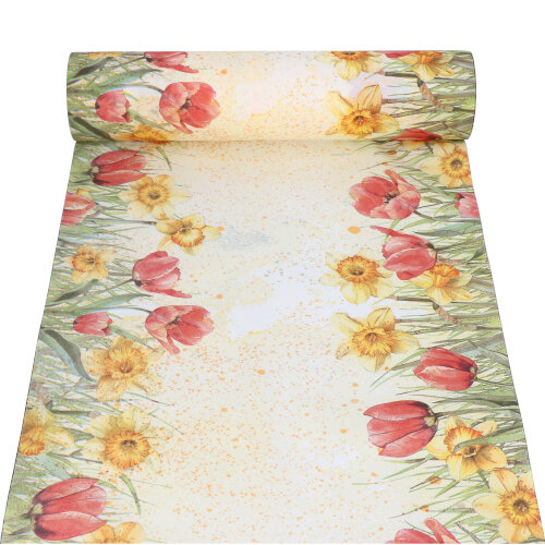 PAPSTAR Tischläufer, stoffähnlich, Airlaid 24 m x 40 cm "Tulips & Daffodils", 6 x 1 Rolle