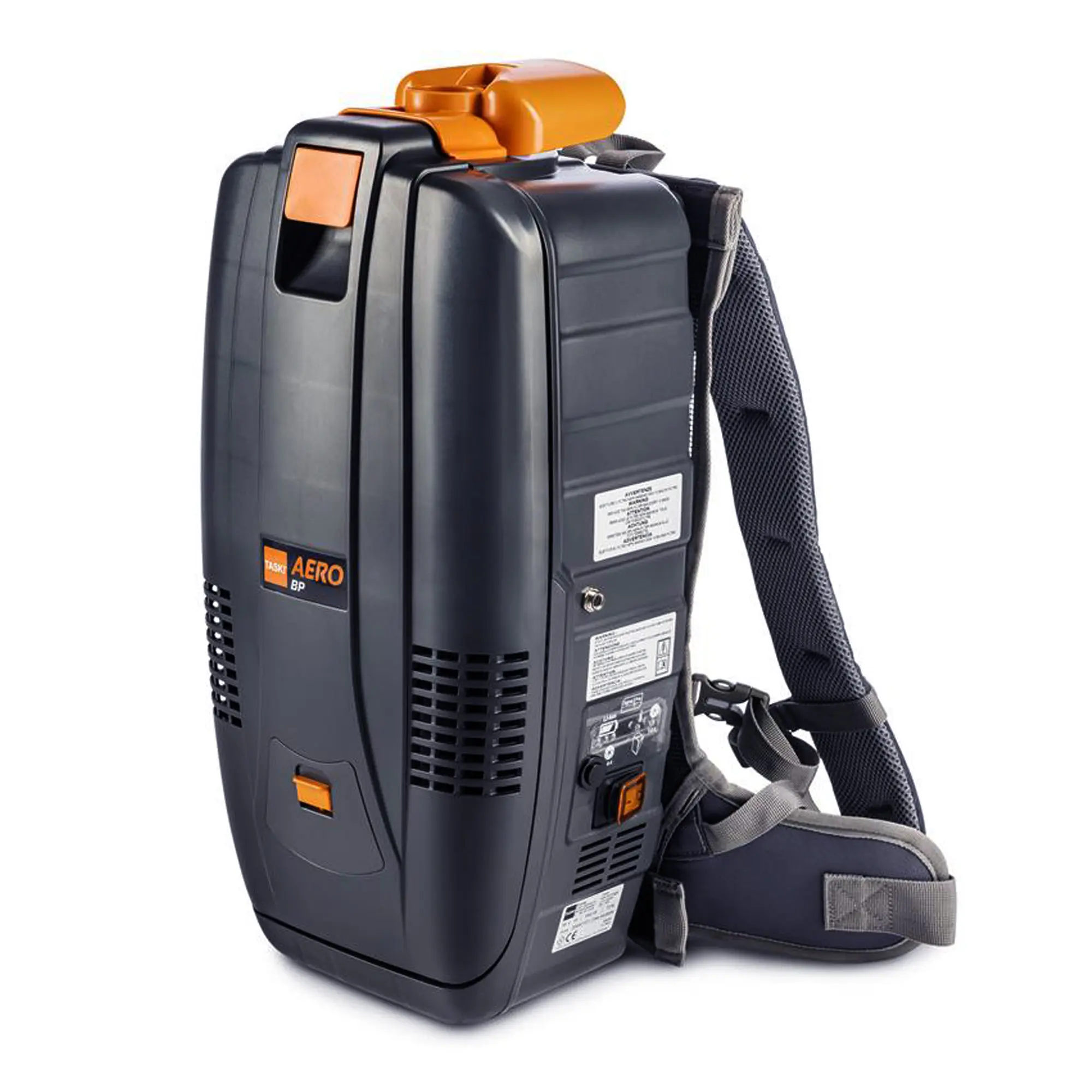 TASKI AERO BP Rückensauger mit Akku-Technologie, ergonomischer kabelloser Profi-Staubsauger für komfortables Tragen auf dem Rücken, seitliche Lüftungsschlitze, graues Gehäuse mit orangenen Bedienelementen, Artikelnummer 7519100