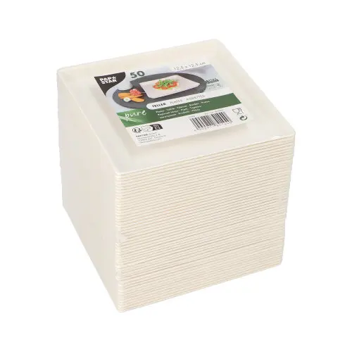 PAPSTAR Teller Zuckerrohr "pure" eckig 12,5 x 12,5 cm x 1 cm weiß "Cella", stapelbare nachhaltige Teller für Fingerfood, Mikrowelle, Backofen und Gefrierschrank geeignet
