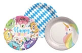 Papierpartyteller Set Monster, Einhorn und Bayern-Rautenmuster, bunte Einwegteller für Kindergeburtstag und Party, Artikelnummer 106162512