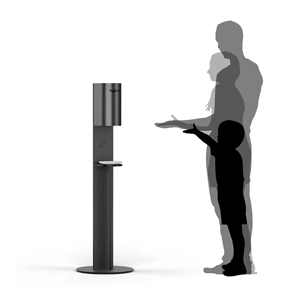 hygn.me Sensor-Spendersäule inkl. Dosiergerät „Station 3 Column“ für berührungslose Handdesinfektion, freistehende Standsäule aus CDF-Platte, nachfüllbar, von hygn.me