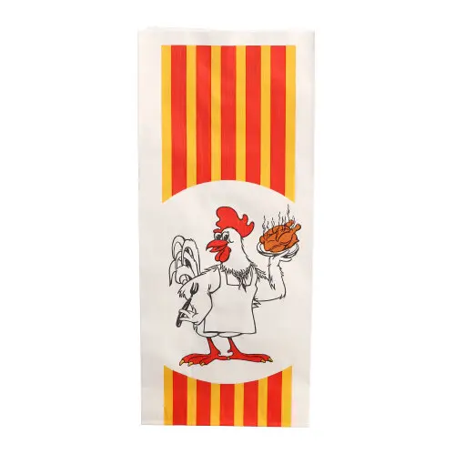 Starpak Hähnchenbeutel Grillhähnchen 1/2 aus Papier mit HDPE-Einlage, 24 x 10,5 x 5,5 cm, bedruckt mit Huhn und rot-gelben Streifen, PAPSTAR
