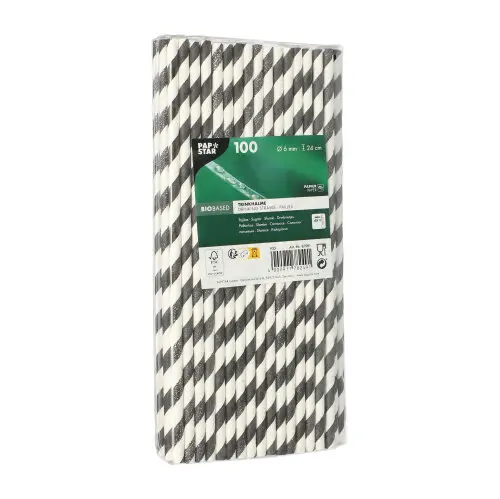 PAPSTAR Trinkhalme, Papier Ø 6 mm, 24 cm schwarz/weiß "Stripes", FSC®-zertifizierte Papiertrinkhalme im 100er Pack, nachhaltig für Cocktails, Drinks und Erfrischungsgetränke