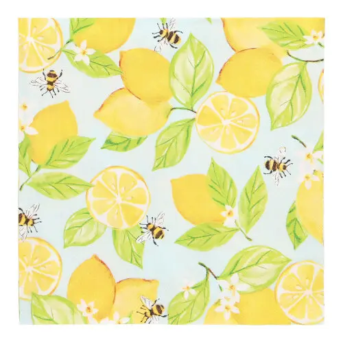 PAPSTAR Servietten, 3-lagig 1/4-Falz 33 x 33 cm "Lemon Grove" aus Tissue, Zitronen- und Bienenmotiv auf hellblauem Hintergrund, FSC- und Nordic-Eco-zertifiziert
