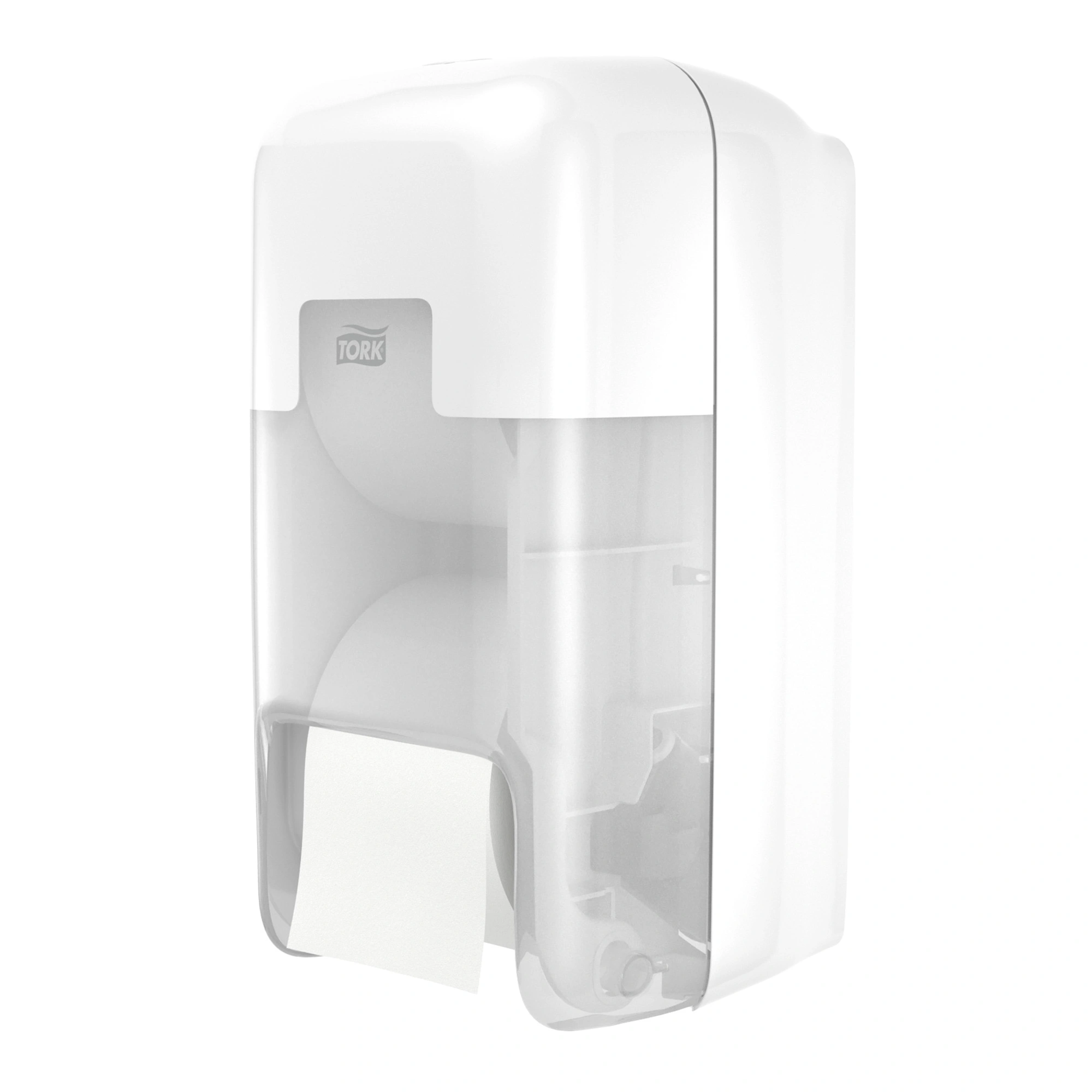 Tork OptiServe Doppelrollenspender für hülsenloses Midi-Toilettenpapier T7 vertikal in Weiß mit transparenter Front für 2 Rollen, Artikel 558042