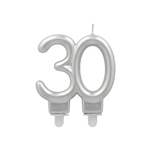 PAPSTAR Jubiläumskerzen mit Halter 7 cm silber "30" – stilvolle Paraffin-Zahlenkerze mit stabilem Halter für Torten zum 30. Geburtstag oder Jubiläum
