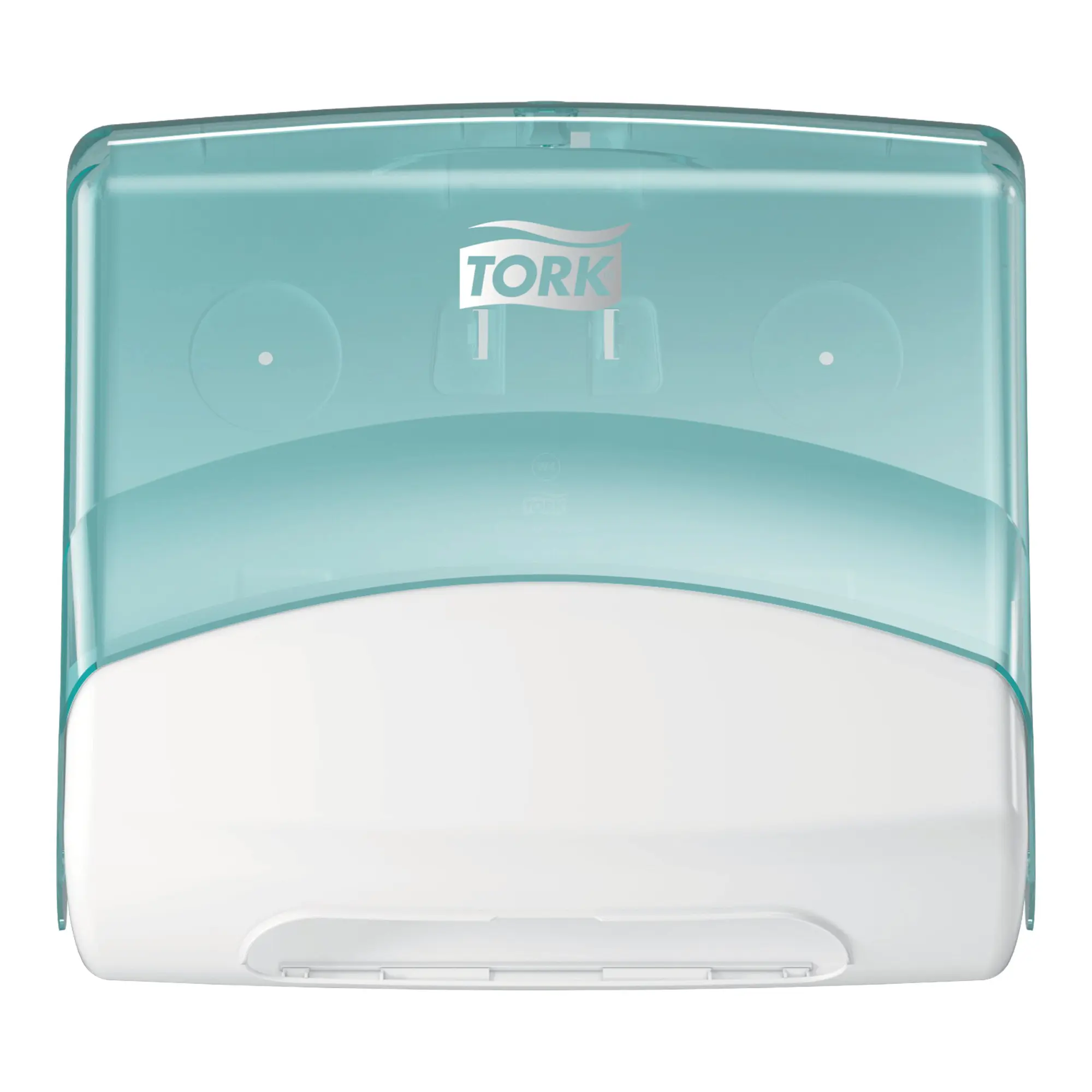 Tork Performance Einzeltuchspender W4 in Weiß-Türkis für gefaltete Wischtücher, hygienische Einzelblattentnahme, Artikelnummer 654000