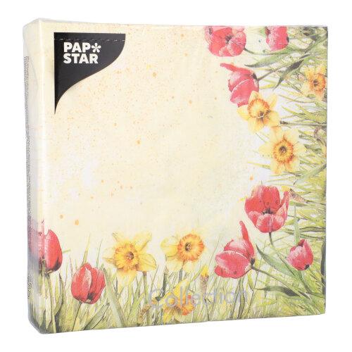 PAPSTAR Servietten, 3-lagig 1/4-Falz 40 cm x 40 cm "Tulips & Daffodils", 8 x 50 Stück