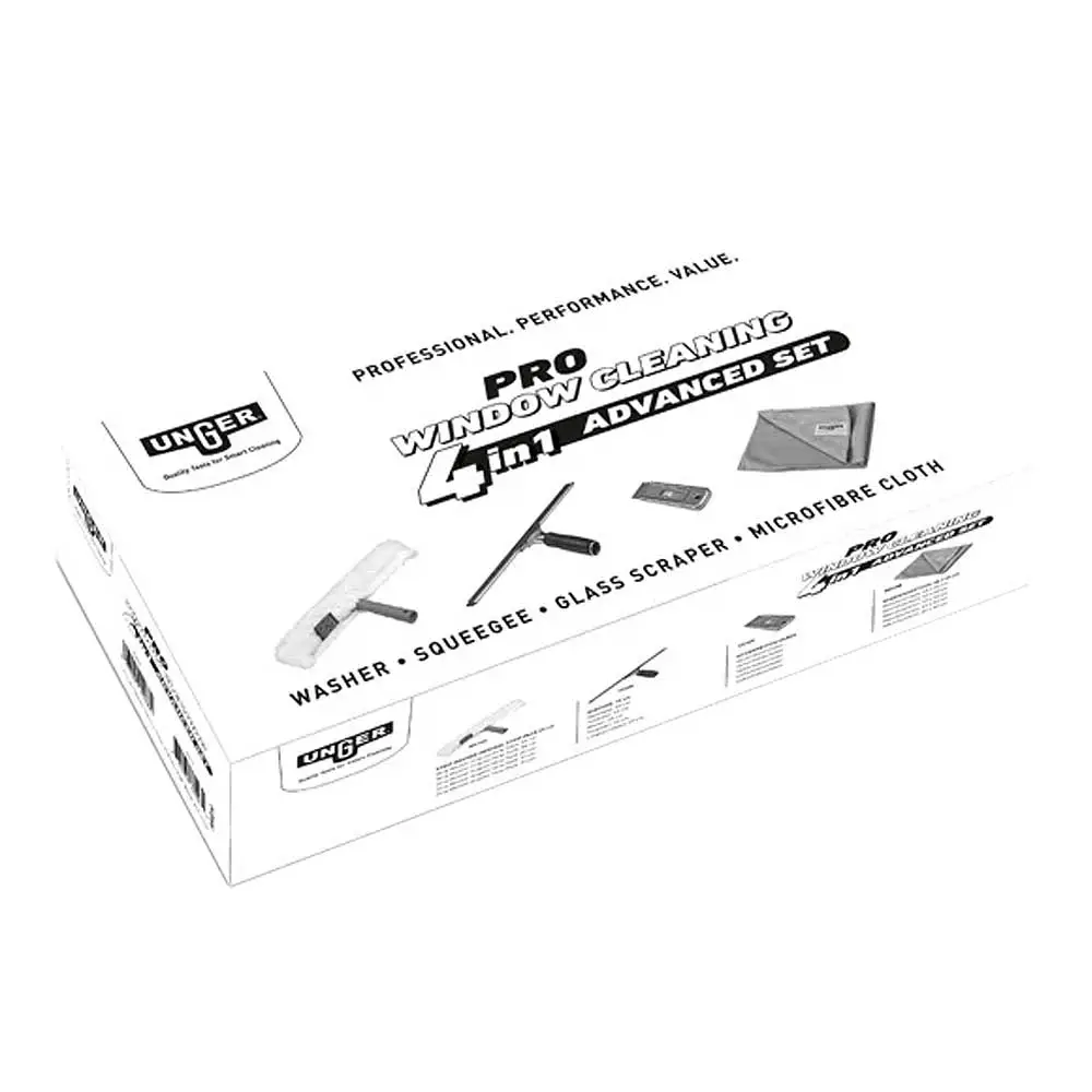 Unger PRO Advanced 4in1 Glasreinigungsset, 4-teilig von Unger mit Fensterwischer, UniTec Einwascher, Sicherheits-Glasschaber und MicroWipe Lite Mikrofasertuch für streifenfreie Glas- und Fensterreinigung