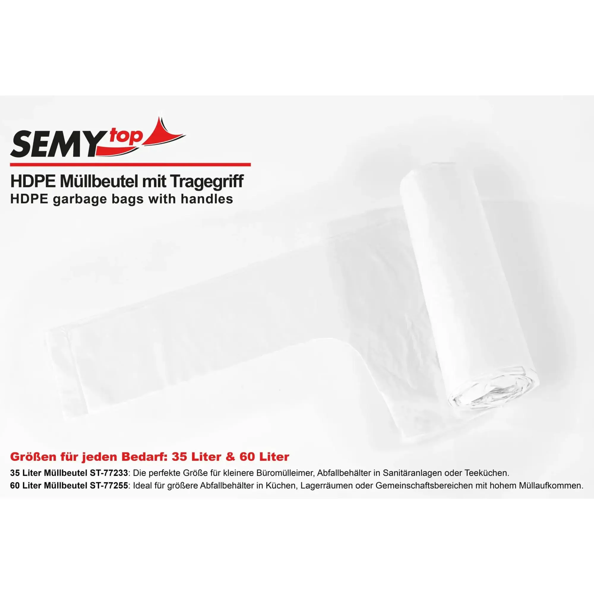 SEMYtop HDPE Müllbeutel mit Tragegriff 35 Liter, weiß, 14 my Typ extra, aufgerollter Beutel für kleine Abfallbehälter, Art.-Nr. ST-77233
