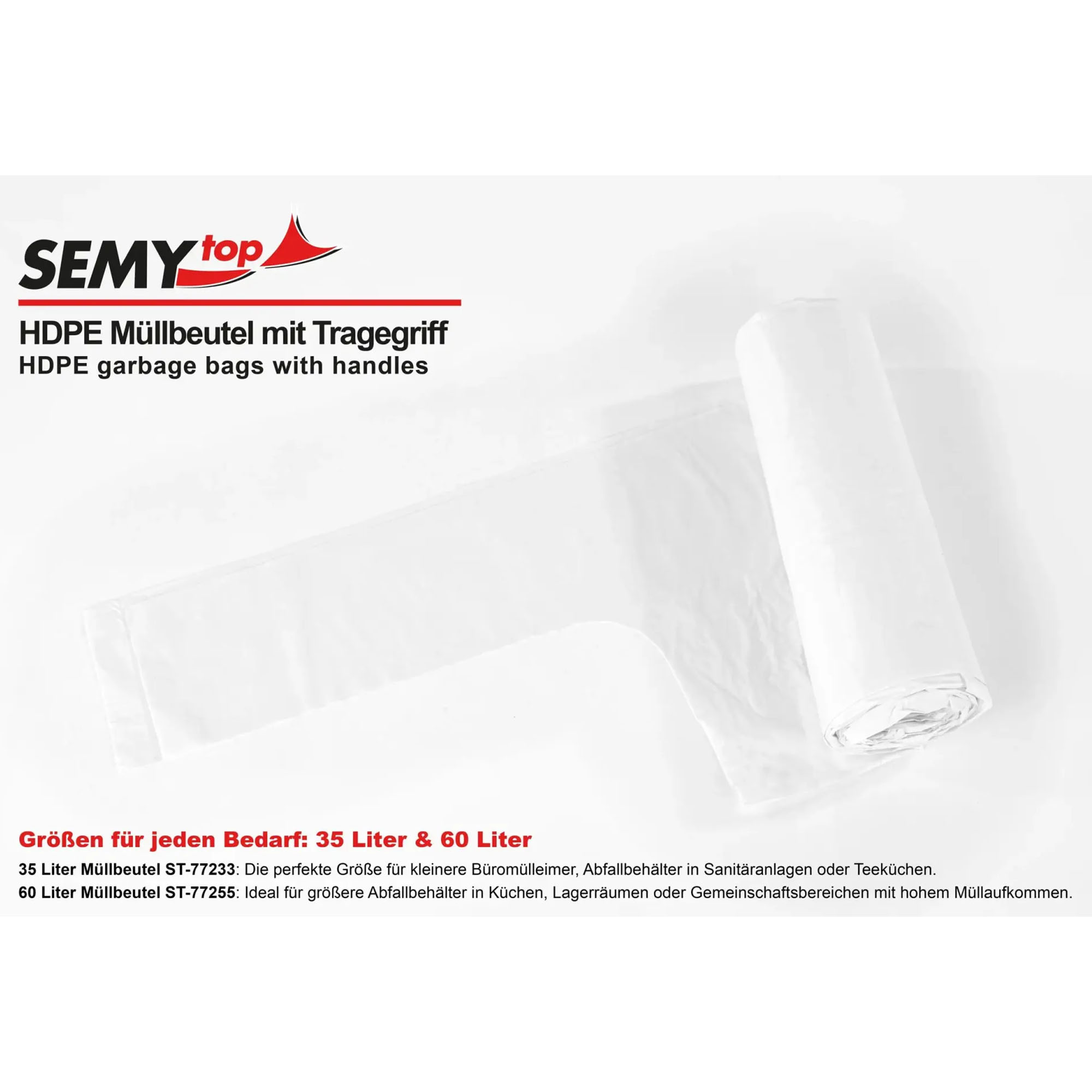 SEMYtop HDPE Müllbeutel mit Tragegriff 35 Liter, weiß, 14 my (Typ extra)