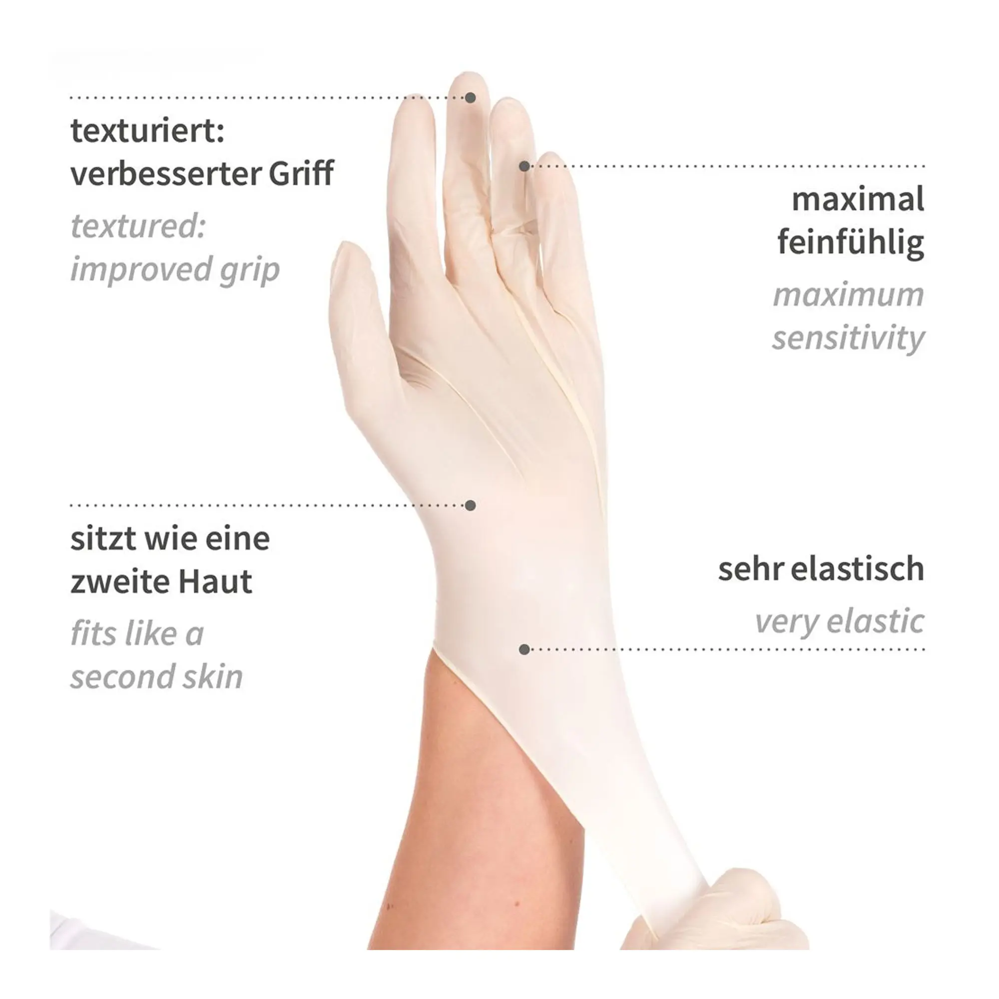 Hygonorm Grip Light Latexhandschuhe weiß puderfrei, texturierte Oberfläche für verbesserten Griff, sehr elastisch, maximal feinfühlig, sitzt wie eine zweite Haut, VE 1000 Stück