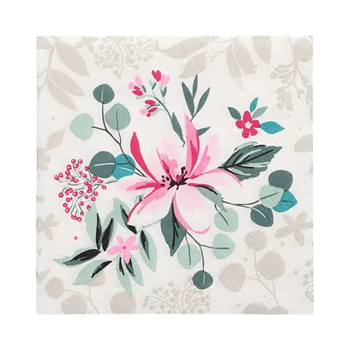 PAPSTAR Servietten, 3-lagig 1/4-Falz 33 x 33 cm "Rosalie" mit pinkem Blumenmotiv auf cremefarbenem Hintergrund, FSC-zertifizierte Tissue-Servietten für festliche Tischdekoration