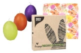 Oster-Set mit drei bunten Ei-Kerzen in Grün, Orange und Lila sowie frühlingshaften Blumen-Servietten, ideal als Tischdeko zu Ostern, Art.-Nr.