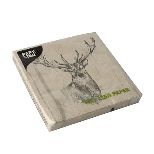 PAPSTAR Servietten, 3-lagig 1/4-Falz 33 x 33 cm natur "Deer" aus recyceltem Tissue, FSC-zertifiziert, mit Hirschmotiv, recyceltes Papier, Artikel 88381