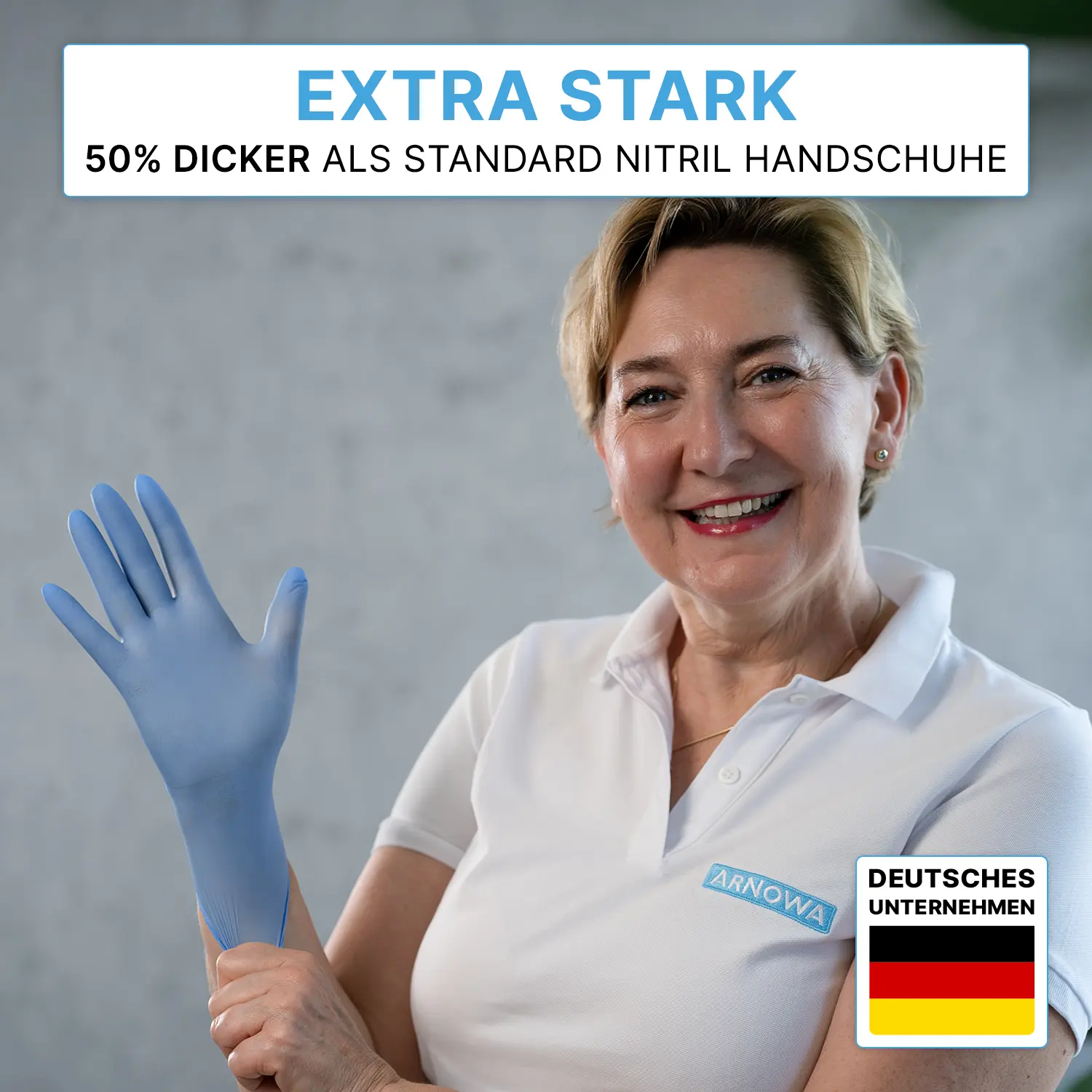 ARNOMED XTRA STRONG NITRIL BLUE Nitrilhandschuhe blau puderfrei, extra starke latexfreie Nitrilhandschuhe für Medizin, Pflege und Labor, 50 % dicker als Standard-Nitrilhandschuhe, VE 100 Stück