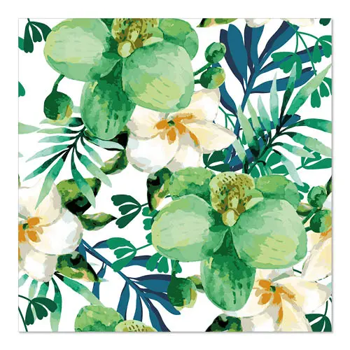 PAPSTAR Servietten, 3-lagig 1/4-Falz 33 x 33 cm "Tropic" mit grün-weißen tropischen Blüten und Blättern, ideal für Partys und Events