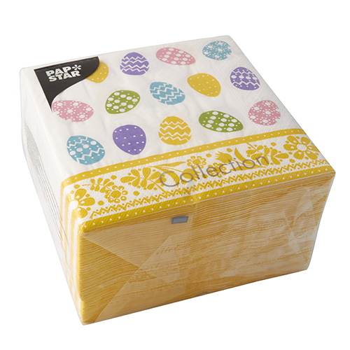 PAPSTAR Servietten, 3-lagig 1/4-Falz 33 cm x 33 cm "Coloured Eggs", 6 x 100 Stück