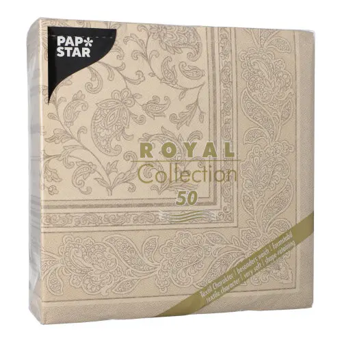 PAPSTAR Servietten "ROYAL Collection" 1/4-Falz 40 x 40 cm sand "Ornaments", stoffähnliche Premium-Tissue-Servietten mit Pflanzenranken-Muster, 5 x 50 Stück, FSC-zertifiziert, Art.-Nr. 37022