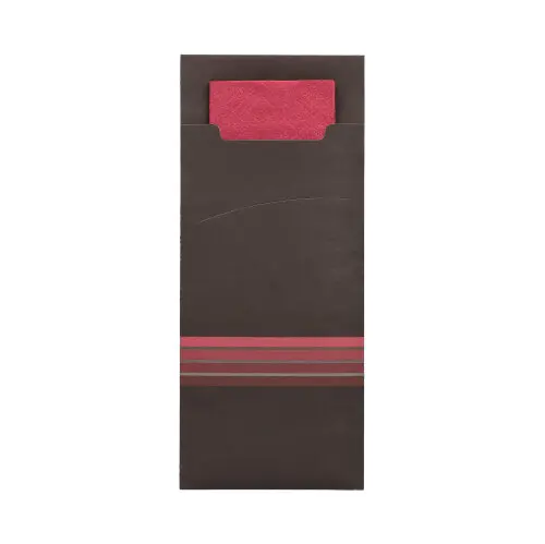 PAPSTAR 520 Bestecktaschen 20 cm x 8,5 cm schwarz/bordeaux "Stripes" inkl. farbiger Serviette 33 x 33 cm 2-lag.