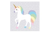 Einhorn Poster mit bunter Regenbogenmähne, goldenem Horn und pastellfarbenen Hufen auf grauem Hintergrund mit Sternen, Artikelnr. 106162