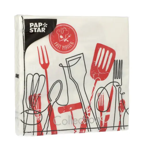 PAPSTAR Servietten, 3-lagig 1/4-Falz 33x33 cm "Ma Cuisine" mit rot-schwarzem Küchenutensilien-Dekor, umweltfreundliche Tissue-Servietten, Art.-Nr. 89127
