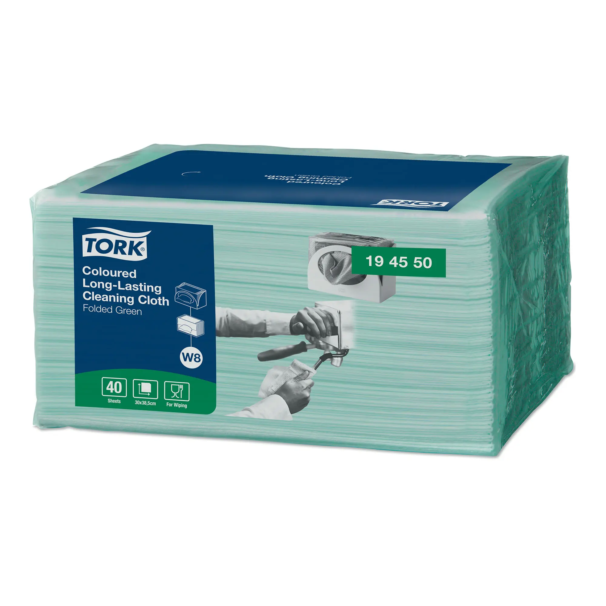 Tork Premium langlebige, farbige Reinigungstücher W8, 1‑lagig, 30 x 38 cm, 320 grüne Mehrweg-Reinigungstücher im Karton, Artikelnummer 194550