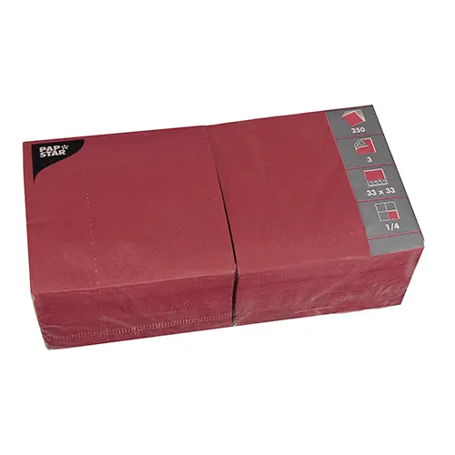 PAPSTAR Servietten, 3-lagig 1/4-Falz 33 cm x 33 cm bordeaux, unifarbige dunkelrote Tissue-Servietten in 250er Gastro-Packung, FSC- und Nordic-Ecolabel-zertifiziert