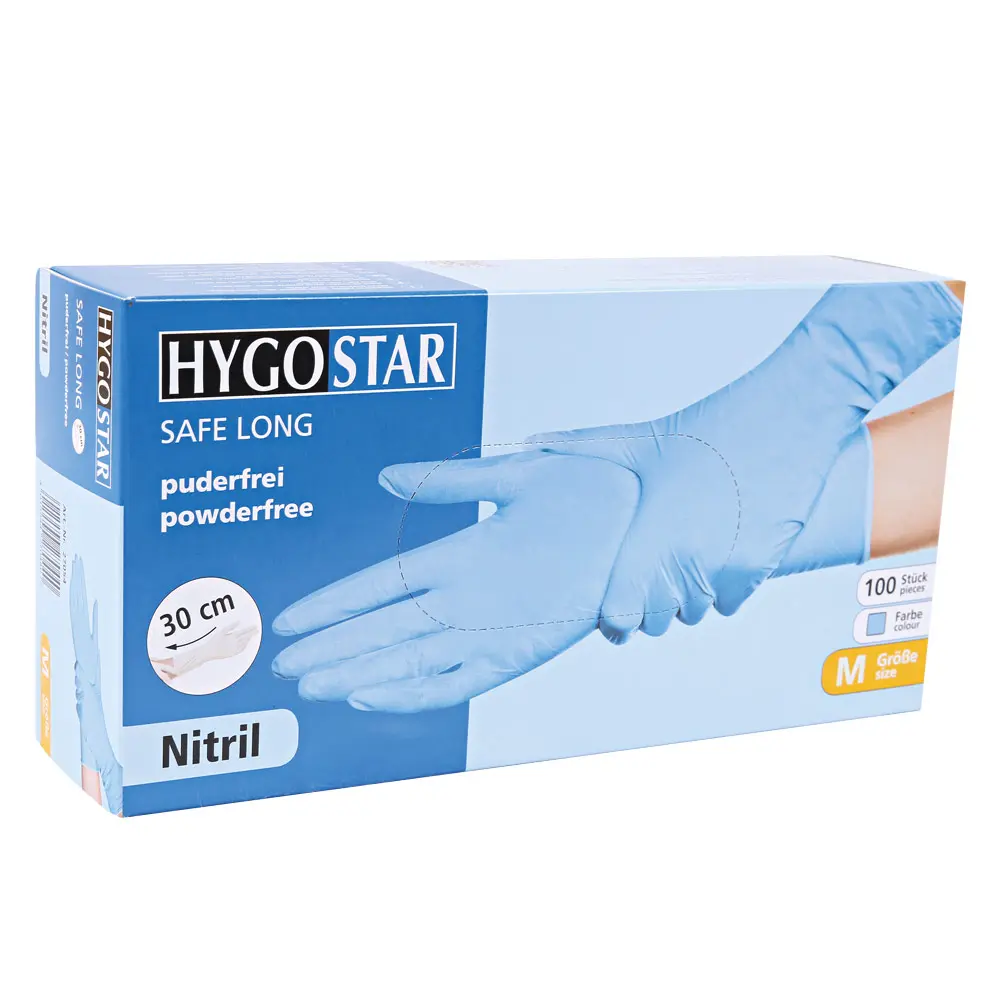 Hygostar Safe Long Nitrilhandschuhe blau puderfrei, VE 1000 Stück, extra lang für sicheren Schutz in Medizin, Pflege, Gastronomie und Lebensmittelindustrie