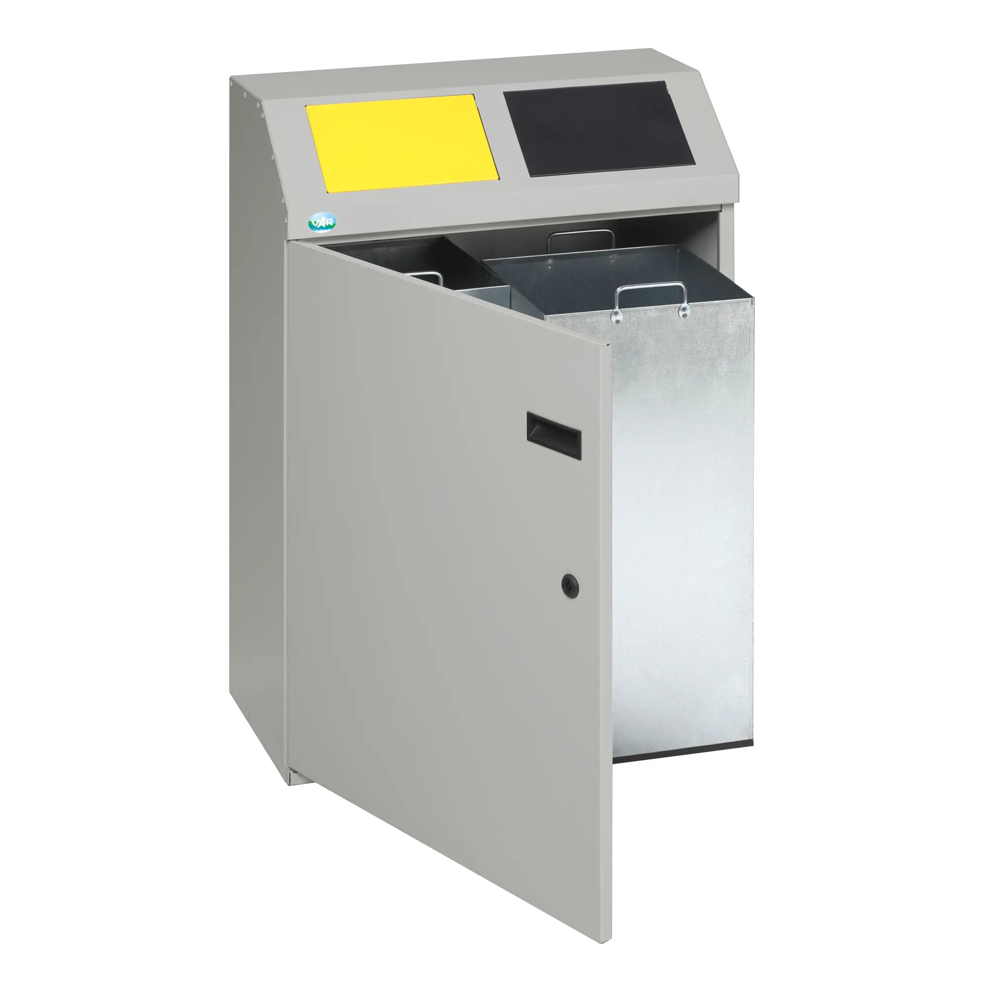 VAR Wertstoffsortiersystem 2-fach, 2 x 50 Liter aus verzinktem Stahlblech mit zwei Einwurfklappen in Gelb und Schwarz, Fronttür geöffnet mit herausziehbaren Metallinneneimern