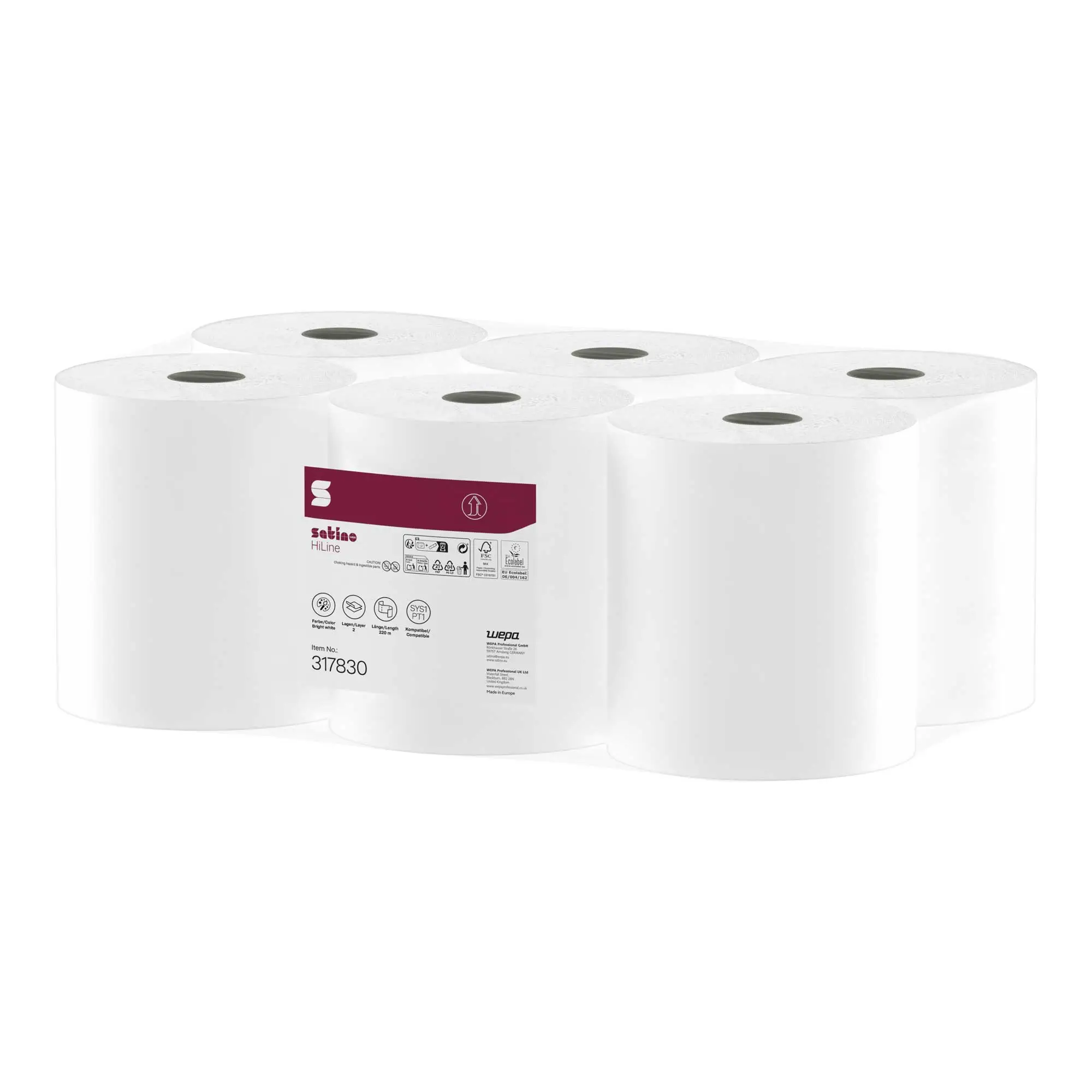Satino by Wepa HiLine Handtuchrollen Tissue PT1, 2-lagig, 220 Meter, saugstarke FSC-Zellstoff-Handtuchrollen für PT1-Spender, 6er-Pack, Artikel 317830