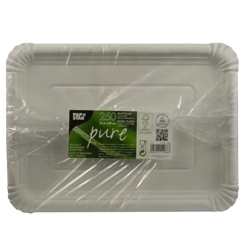 PAPSTAR Teller Pappe pure eckig 21,5 x 29 cm weiß, 250 Stück aus 100 % Frischfaserkarton, FSC-zertifizierte, lebensmittelechte Partyteller im Karton
