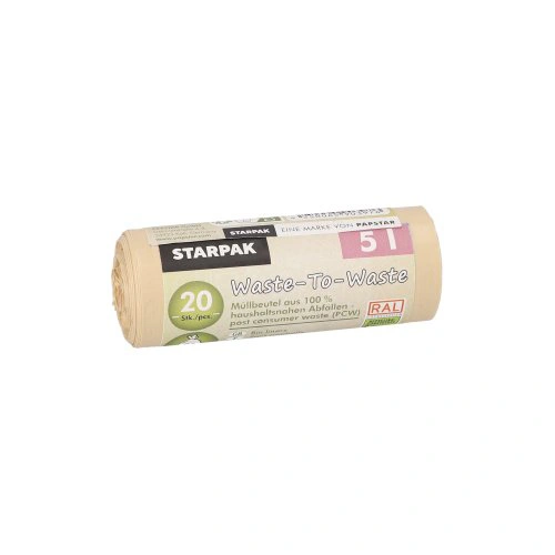 Starpak Müllbeutel aus 100% PCW "Waste-To-Waste" 5 l, beige, 44 x 36 cm, 10 my, umweltfreundliche LDPE-Müllbeutelrolle von PAPSTAR, 30 x 20 Stück