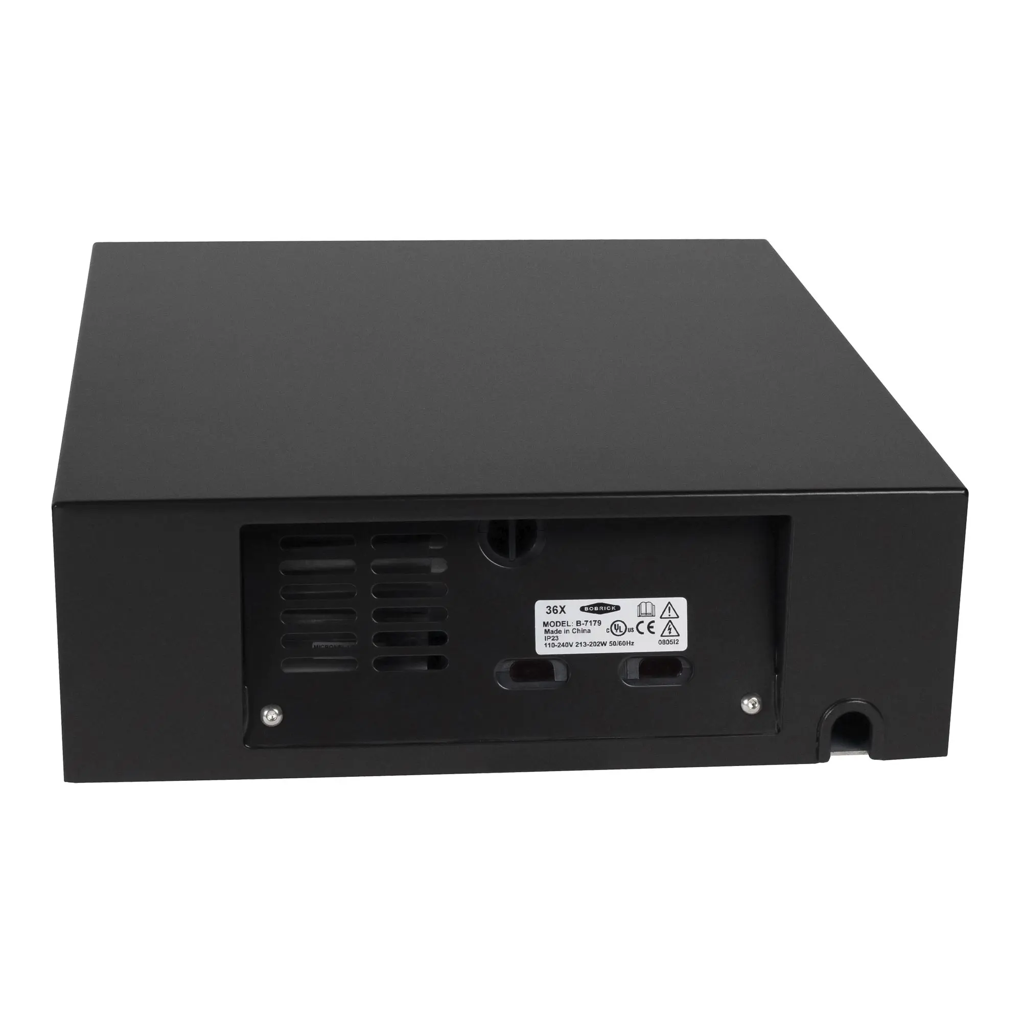 Bobrick B-7179 Fino Collection automatischer Händetrockner 200 Watt, Rückseite des Gehäuses in mattschwarz mit Typenschild und Lüftungsschlitzen, Artikelnummer B-7179