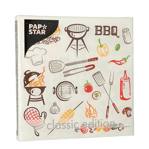 PAPSTAR Servietten Time for BBQ 3-lagig 33x33 cm mit bunten BBQ-Motiven wie Grill, Gemüse und Grillbesteck, FSC-zertifizierte Papierservietten für Grillabende, Art.-Nr. 89719