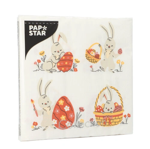 PAPSTAR Servietten, 3-lagig 1/4-Falz 33 cm x 33 cm "Rabbit Parade", 15 x 20 Stück