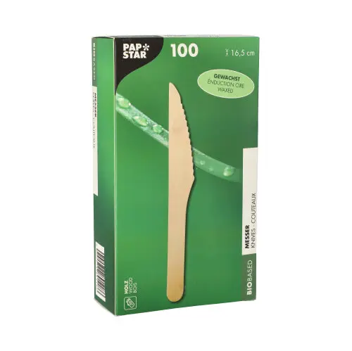PAPSTAR Messer, Holz "pure" 16,5 cm gewachst aus FSC-zertifiziertem Birkenholz, stabil und geschmacksneutral, Karton mit 100 Stück, Art.-Nr. 89118
